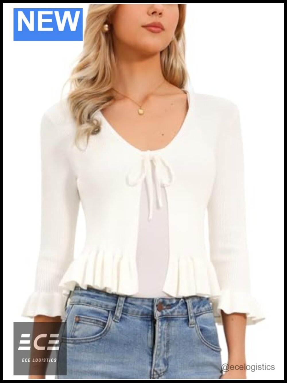 Ruffle Tie Front Shrug Cardigan Long Sleeve Rib Knit Crop Sweater